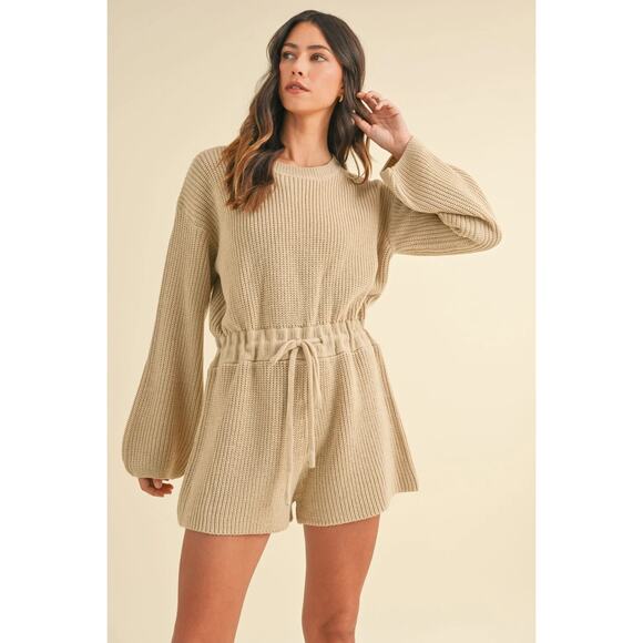Mable Beige Knit Cinched Crewneck Balloon Long Sleeves Loungewear Romper M/L - Picture 1 of 9